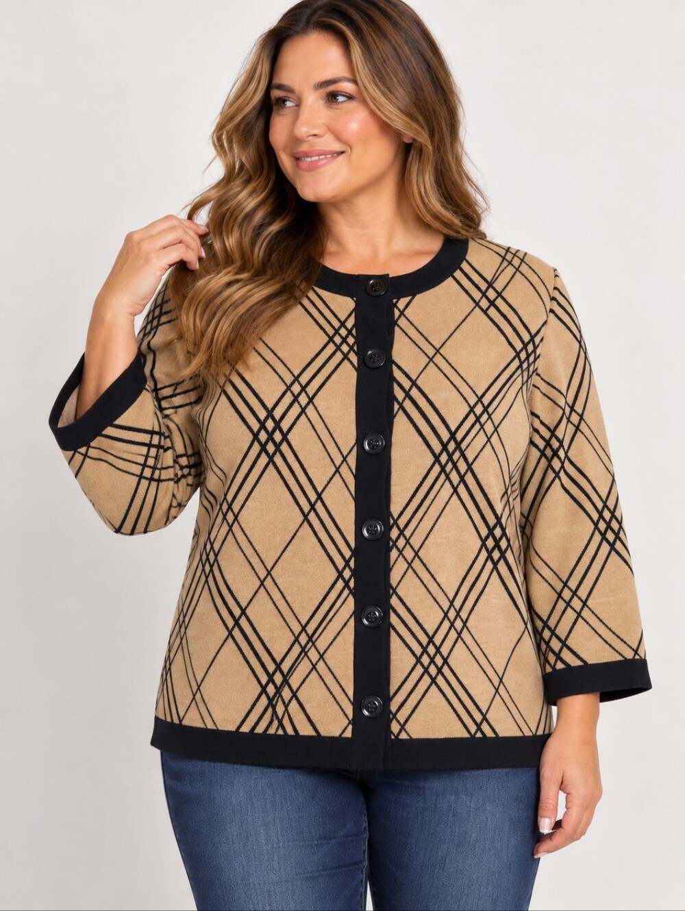 Designers Originals Plaid Argyle Knit Cardigan Sweater Womens 1X Camel Black